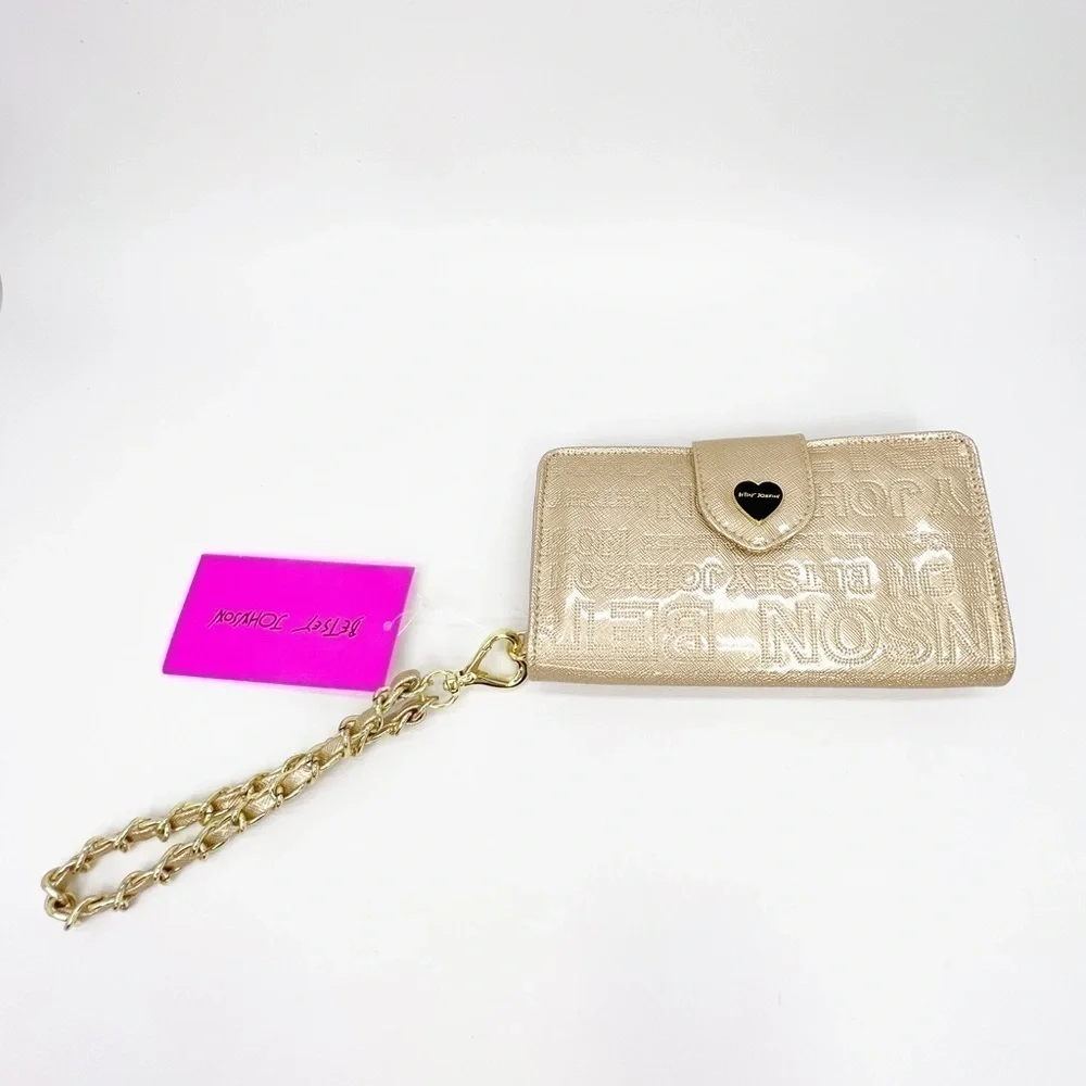 Betsey Johnson Celly Wallet Metallic Gold/Platinum Wristlet New in Gift Box NWT
